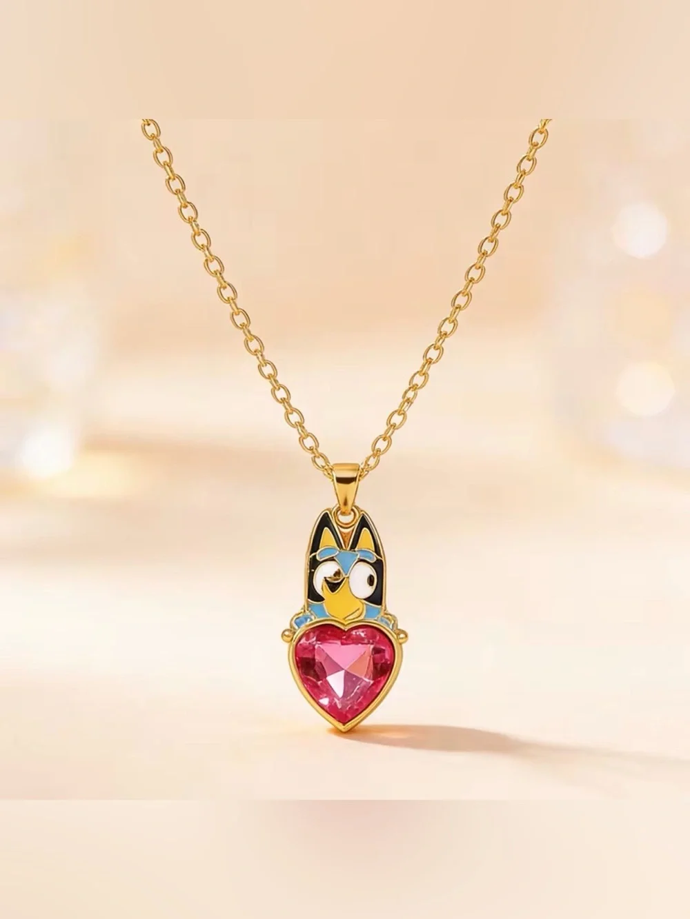 Bluey Holding Ruby Colored Heart Gold Tone Pendant Necklace Disney Character